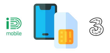 SIM card and phone with Three and iD logos