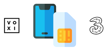 SIM card and phone with Three and VOXI logos