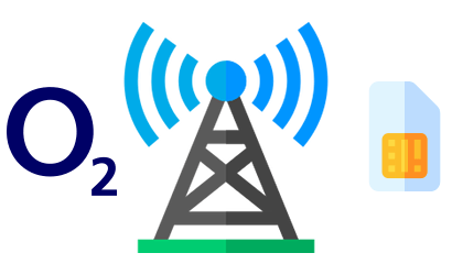 O2 logo, mobile mast and a SIM card