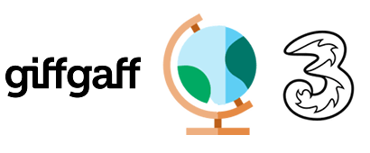 A globe with giffgaff and Three logos