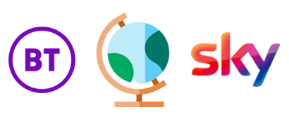 A globe between BT and Sky logos