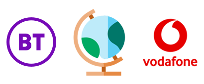 A globe between BT and Vodafone logos
