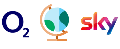 O2 and Sky logos with a globe
