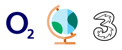 A globe with O2 and Three logos
