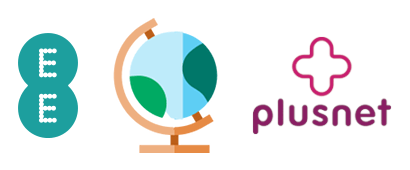 A globe with EE and Plusnet logos