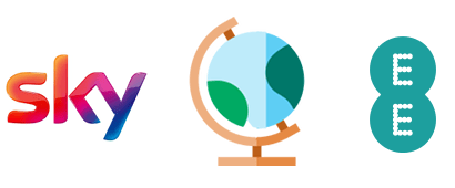 A globe between Sky and EE logos