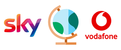 A globe between Sky and EE logos