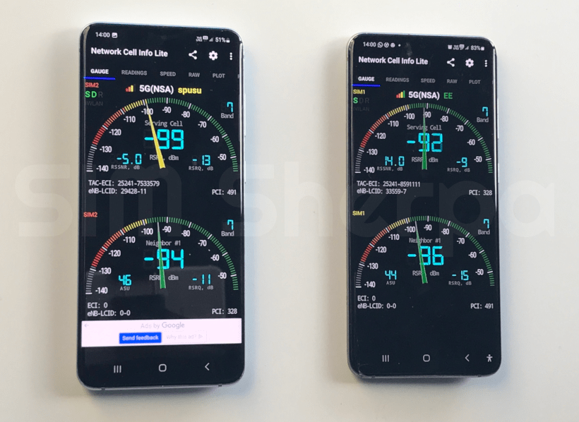 Two phones next to each other with same readings on