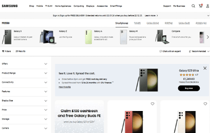 Screenshot of Samsung's website