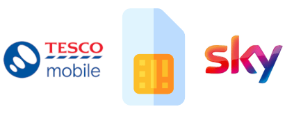 SIM card between Tesco Mobile and Sky logos