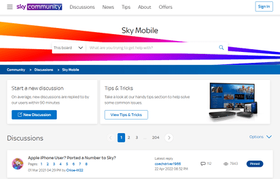 Screenshot of Sky Mobile's community forum