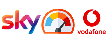 Speedometer icon with Sky and Vodafone logos