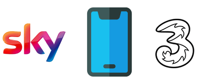 Smartphone between Sky and Three logos