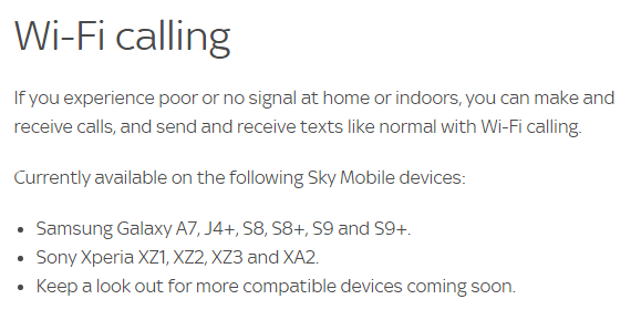 Screenshot of Sky’s help section on WiFi calling