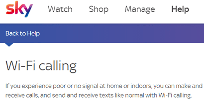 Screenshot of Sky's WiFi calling help page
