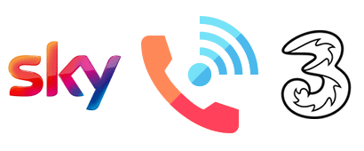 WiFi calling icon and Sky and Three logos