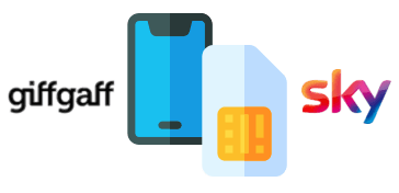 SIM card and phone with Sky and Giffgaff Mobile logos