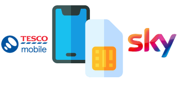 Tesco Mobile and Sky logos with phone and SIM card icons