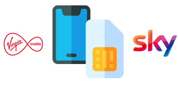 Sky and Virgin logos with phone and SIM card icons
