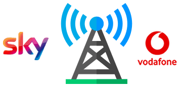 Mobile mast and Sky and Vodafone logos