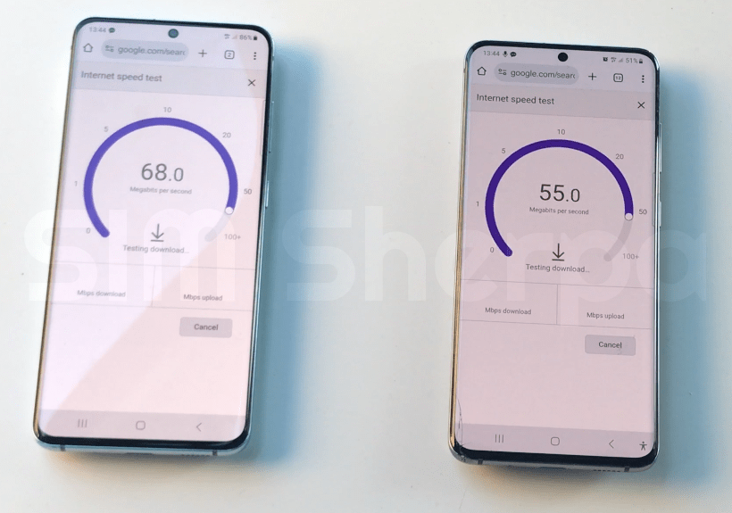 Photo of two phones doing speed tests