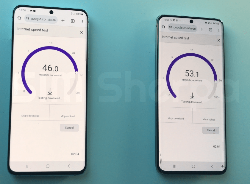 Photo of two phones doing speed tests
