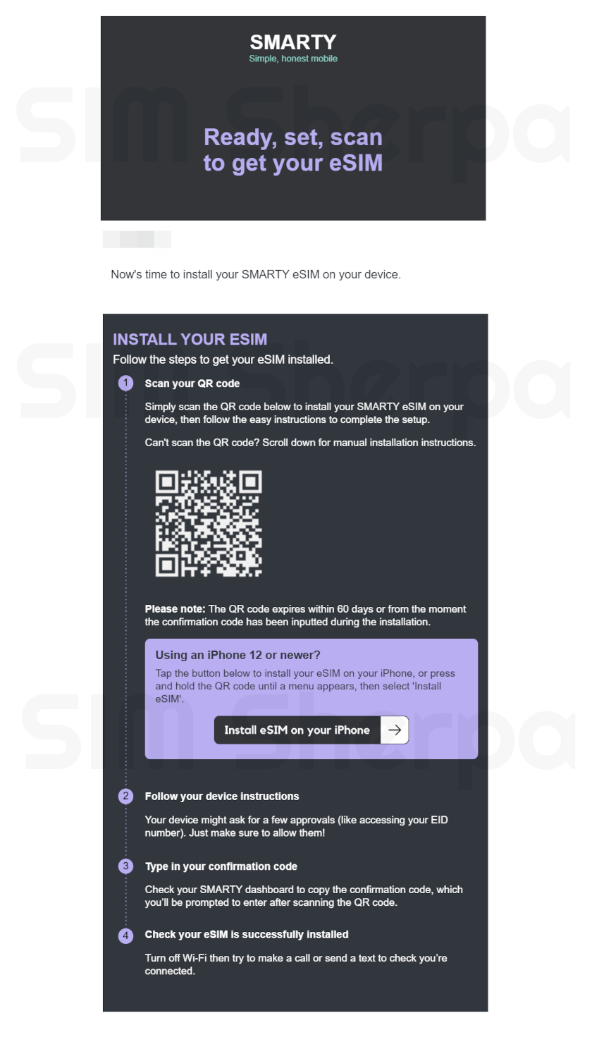 Screenshot of SMARTY eSIM barcode email