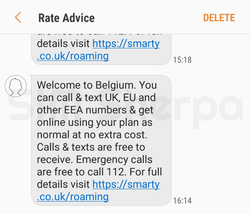 Screenshot of a SMARTY roaming welcome message