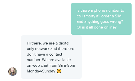 Screenshot of conversation with a SMARTY customer service representative