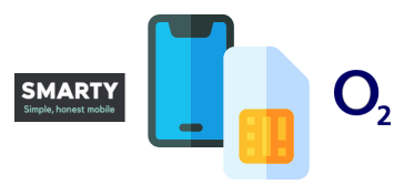 SMARTY and O2 logos with a SIM card and smartphone