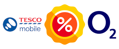 Tesco Mobile and O2 logos with a promotional sticker