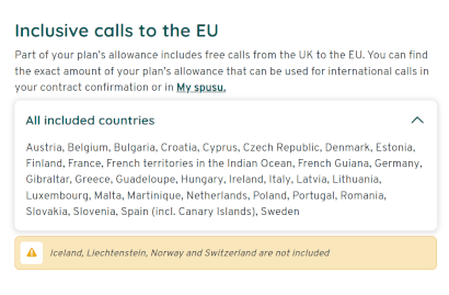 Screenshot of included countries