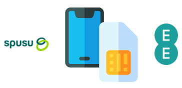 SIM card and a phone with spusu and EE logos