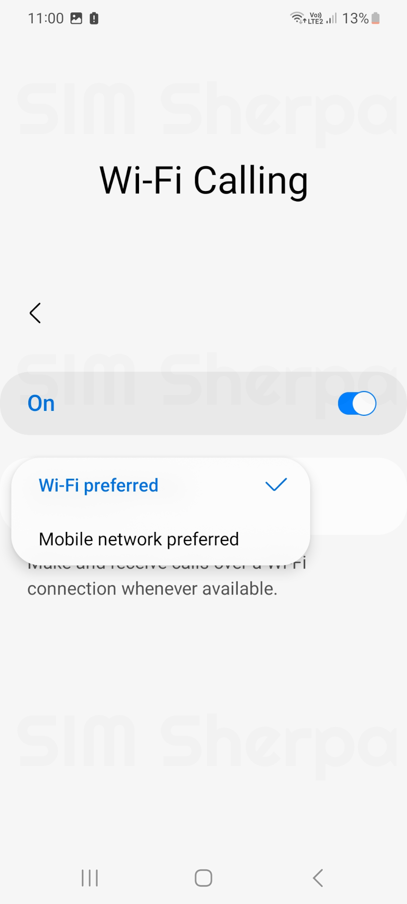 Screenshot of phone with WiFi calling preferred