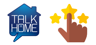 A finger pointing to rating stars next to Talk Home Mobile logo