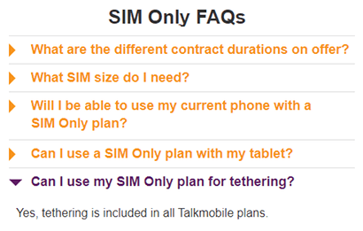 Screenshot of Talkmobile FAQs