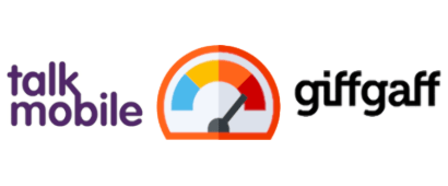 Talkmobile and giffgaff logos with speedometer icon
