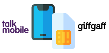 Talkmobile and giffgaff logos with phone and SIM card icons