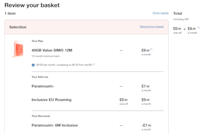 Screenshot of the deal in Three's checkout