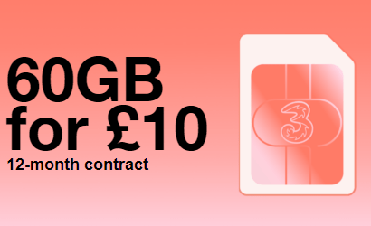 Three 60GB data for &pound;10 banner