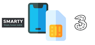 Mobile phone and SIM card with SMARTY and Three logos
