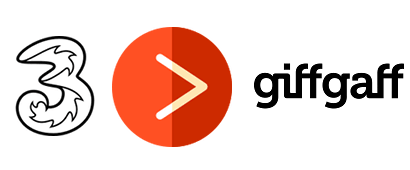 Three logo, greater than symbol, giffgaff logo