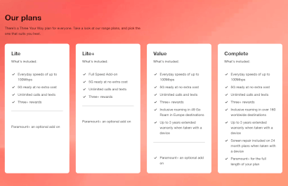 Comparison of Three Lite, Value and Complete plans