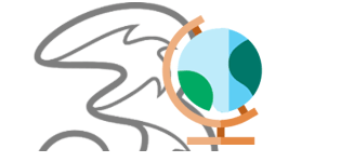 Three logo behind globe
