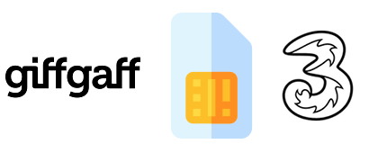 SIM card with Three and giffgaff's logos