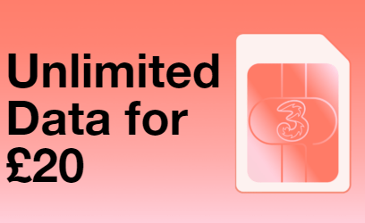 Three unlimited data for £20 banner
