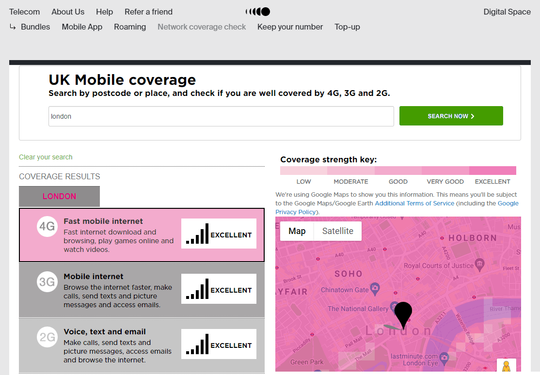 Screenshot of TTM mobile coverage checker