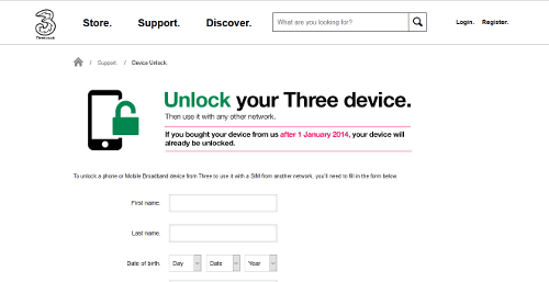Fill in Three's unlock code form online