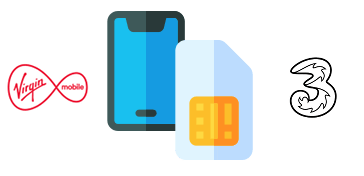 SIM card and phone with Three and Virgin Mobile logos