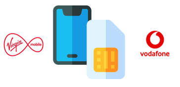 SIM card and phone with Virgin and Vodafone logos